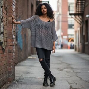 Decree Grey Open Weave Slouchy Knit Sweater‎ XL